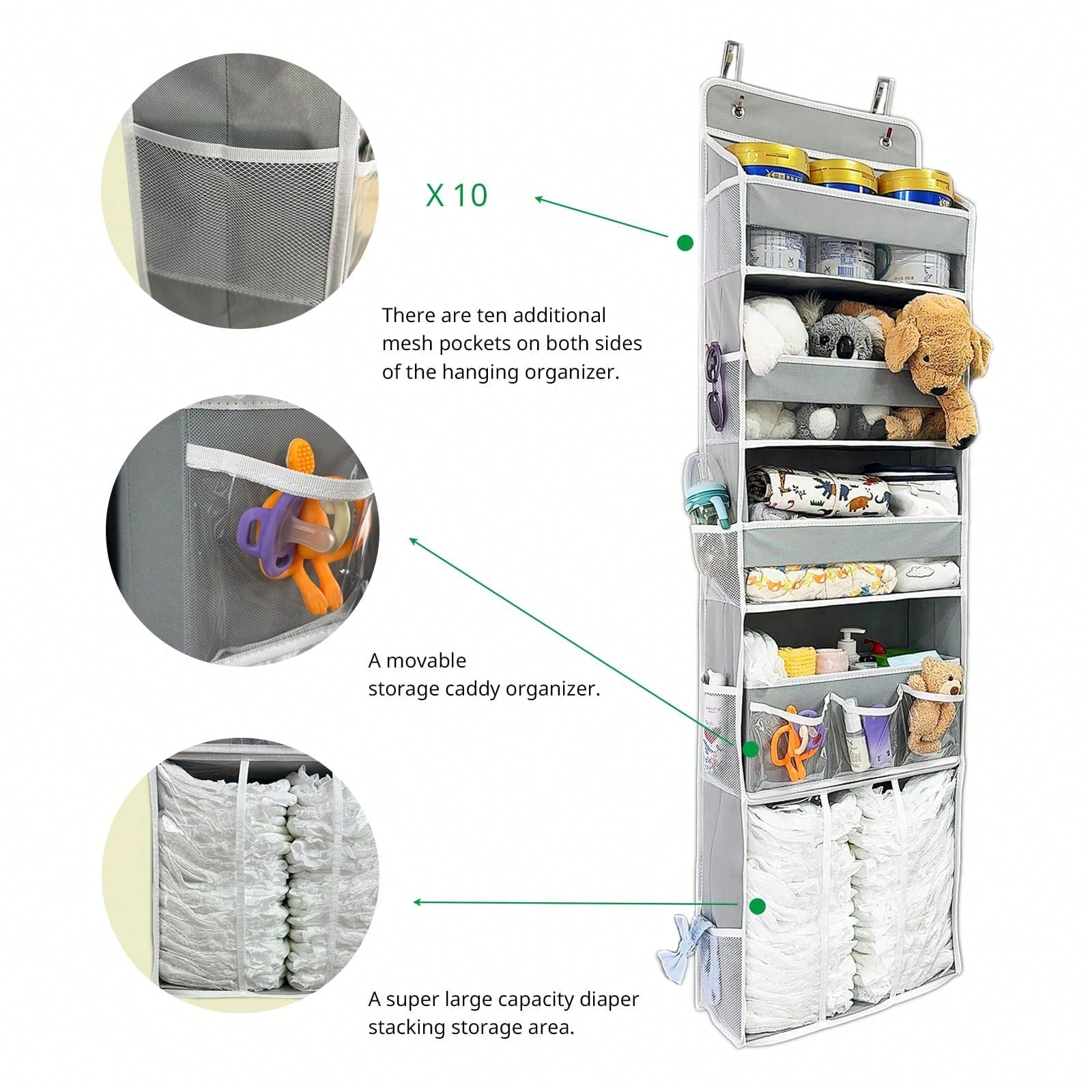 Oaoleer 1PC Door Hanging Baby Diaper Storage Organizer With 3 Bins & 10 Side Pockets, Large Capacity Nursery Essentials Caddy For Bedroom Door