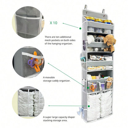 Oaoleer 1PC Door Hanging Baby Diaper Storage Organizer With 3 Bins & 10 Side Pockets, Large Capacity Nursery Essentials Caddy For Bedroom Door
