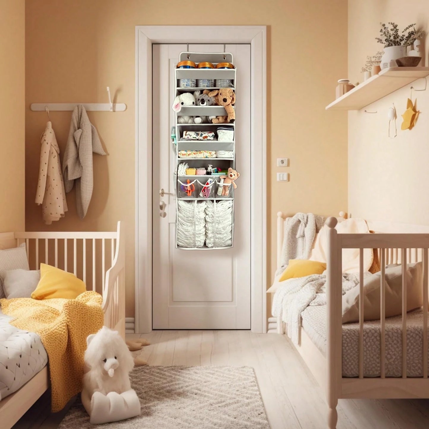 Oaoleer 1PC Door Hanging Baby Diaper Storage Organizer With 3 Bins & 10 Side Pockets, Large Capacity Nursery Essentials Caddy For Bedroom Door