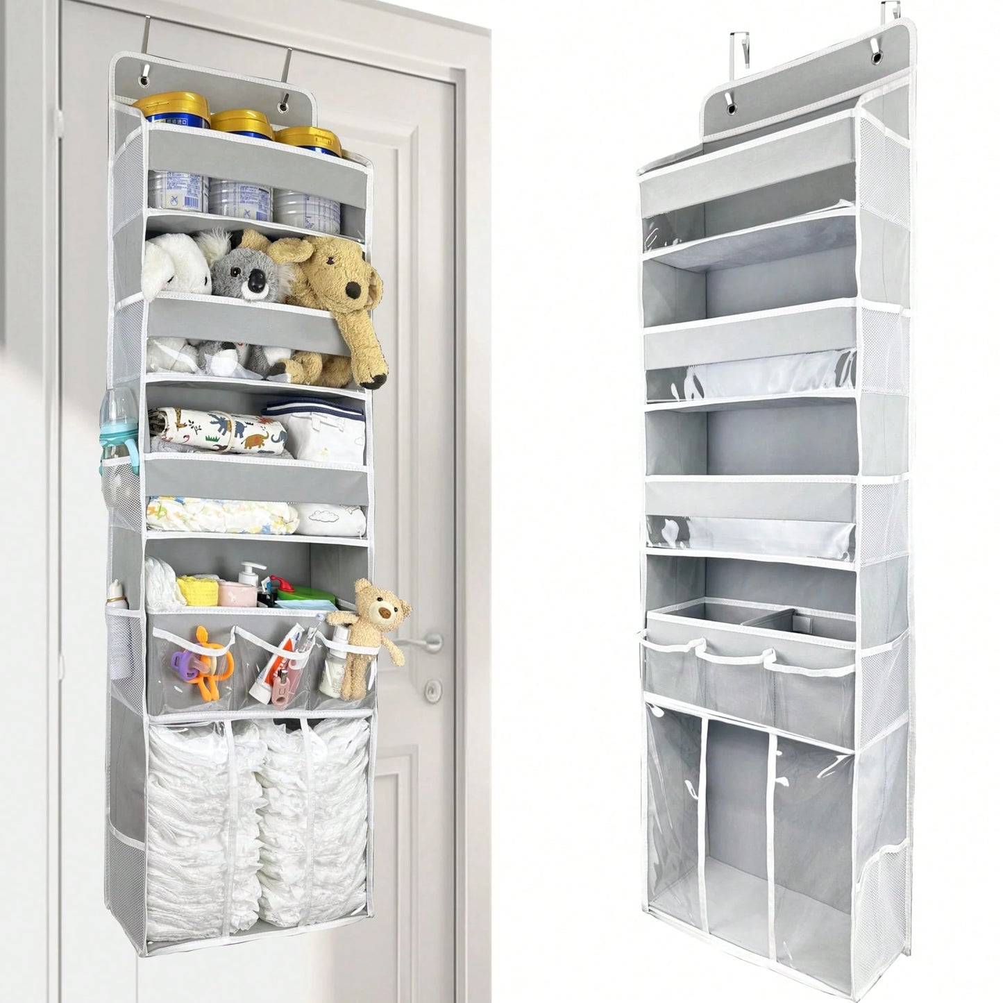 Oaoleer 1PC Door Hanging Baby Diaper Storage Organizer With 3 Bins & 10 Side Pockets, Large Capacity Nursery Essentials Caddy For Bedroom Door
