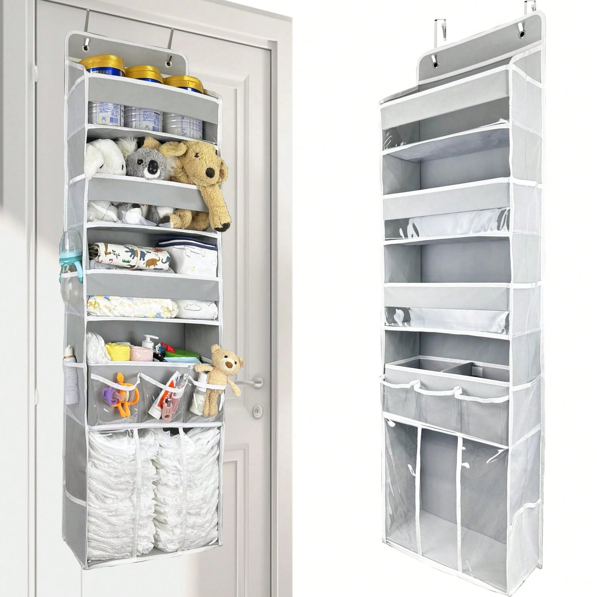 Oaoleer 1PC Door Hanging Baby Diaper Storage Organizer With 3 Bins & 10 Side Pockets, Large Capacity Nursery Essentials Caddy For Bedroom Door