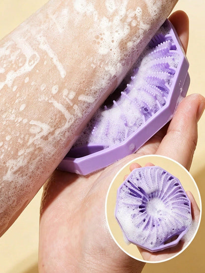 OBOVAY Polygon Silicone Bath Brush With Transparent Hook, Portable Wall-Mountable, Hexagonal Silicone Body Scrubber, Easy To Use, Non-Slip Strap, Home Essential Bath Accessory, Gift For Him/Her