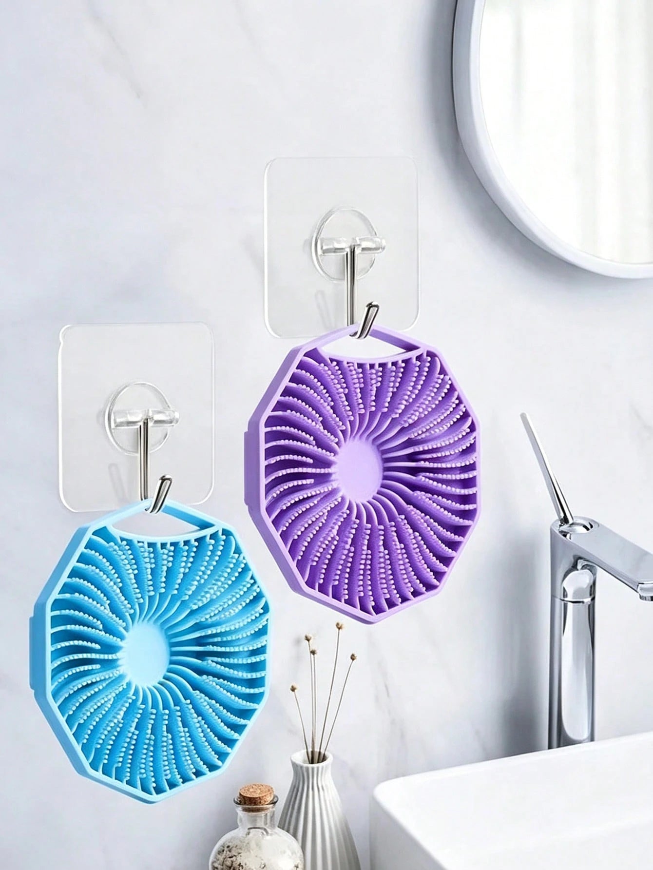 OBOVAY Polygon Silicone Bath Brush With Transparent Hook, Portable Wall-Mountable, Hexagonal Silicone Body Scrubber, Easy To Use, Non-Slip Strap, Home Essential Bath Accessory, Gift For Him/Her