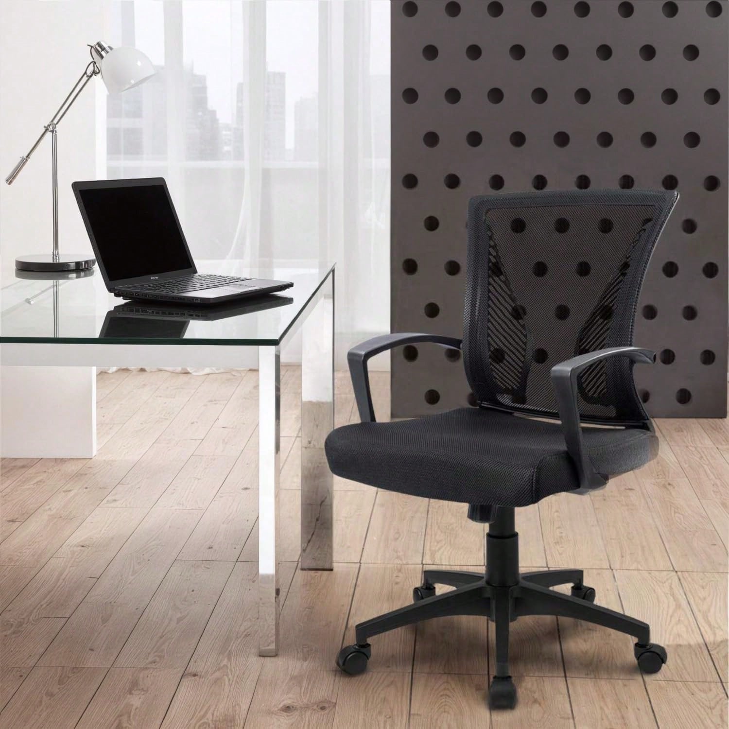 Office Chair Ergonomic Computer Desk Mesh Chair Mid Back Swivel Lumbar Support With Armrest (1, Black)