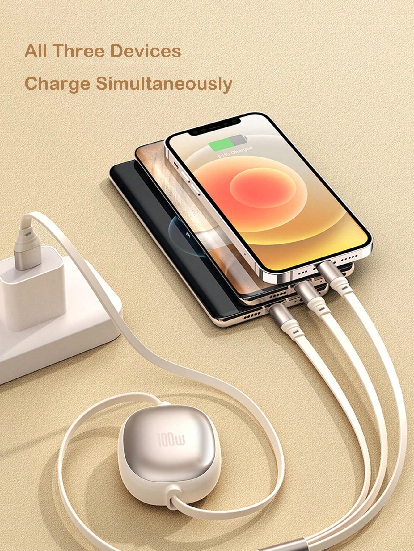 OIITH 3-In-1 Data Cable, 100W Fast Charging Cable, USB To Type-C/Micro/Lightning Fast Charging Cable, Auto-Retractable Cord, Multi-Function Data Cable Winder, Charging Cable Compatible With IPhone 16