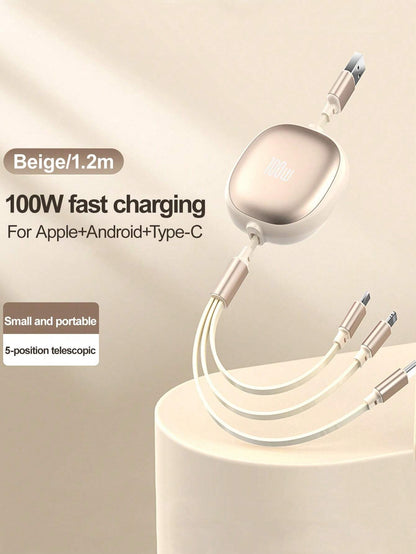OIITH 3-In-1 Data Cable, 100W Fast Charging Cable, USB To Type-C/Micro/Lightning Fast Charging Cable, Auto-Retractable Cord, Multi-Function Data Cable Winder, Charging Cable Compatible With IPhone 16