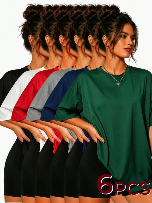 OKP 6PCS Relaxed Crew Neck Curved Hem Solid Tshirts For Women, Soft Breathable Basic Shirts, 6 Colors Loungewear Office Shopping Daily Casual Tees