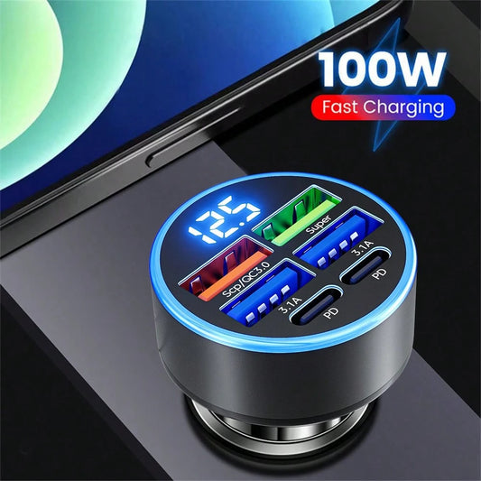 OLAF 4-Port USB Car Charger With Digital Display, Fast Charging Adapter Compatible With IPad, Android Phones, Laptops, Compact And Efficient Design, Convenient Charging Anytime, Anywhere, Great Gift F