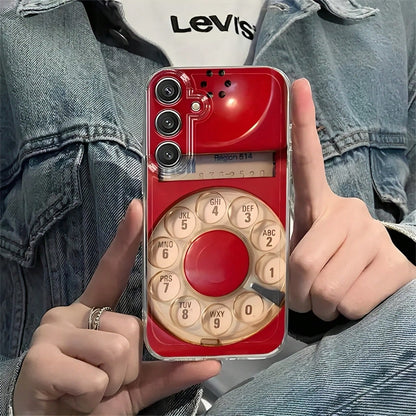 Old-Fashioned Red Rotary Telephone Pattern Transparent Phone Case Suitable For Compatible With IPhone 17,16, 15, 14, 13, 12, 11, Pro Max, Air, Plus, As Well As Galaxy S26/25/24/23/22/21 Ultra/FE/Edge