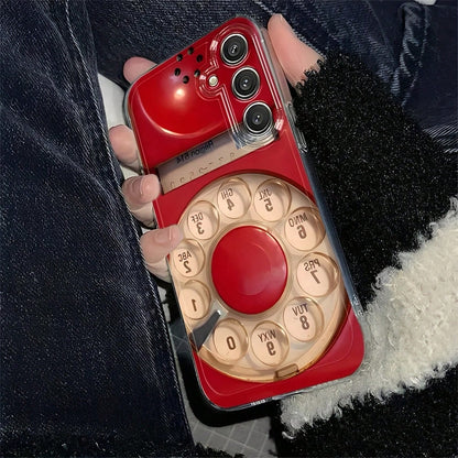 Old-Fashioned Red Rotary Telephone Pattern Transparent Phone Case Suitable For Compatible With IPhone 17,16, 15, 14, 13, 12, 11, Pro Max, Air, Plus, As Well As Galaxy S26/25/24/23/22/21 Ultra/FE/Edge