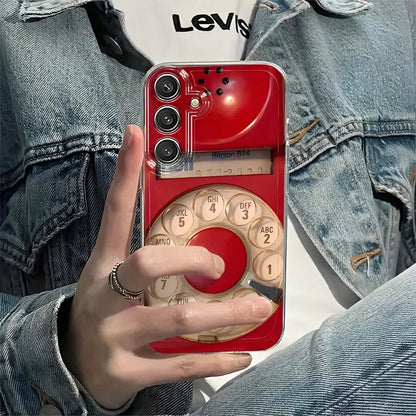 Old-Fashioned Red Rotary Telephone Pattern Transparent Phone Case Suitable For Compatible With IPhone 17,16, 15, 14, 13, 12, 11, Pro Max, Air, Plus, As Well As Galaxy S26/25/24/23/22/21 Ultra/FE/Edge