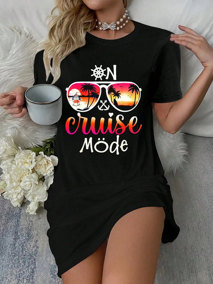 On Cruise Mode Family Cruise Vacation Group Cruising Gifts T-Shirt Dress Women's Dress, Casual Summer Dress