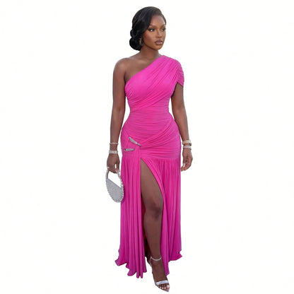 One Shoulder Maxi Dress Solid Ruched Slim Fit Sleeveless High Slit Asymmetrical Neck Glam Elegant Sexy Bodycon For Evening Party Cocktail Event