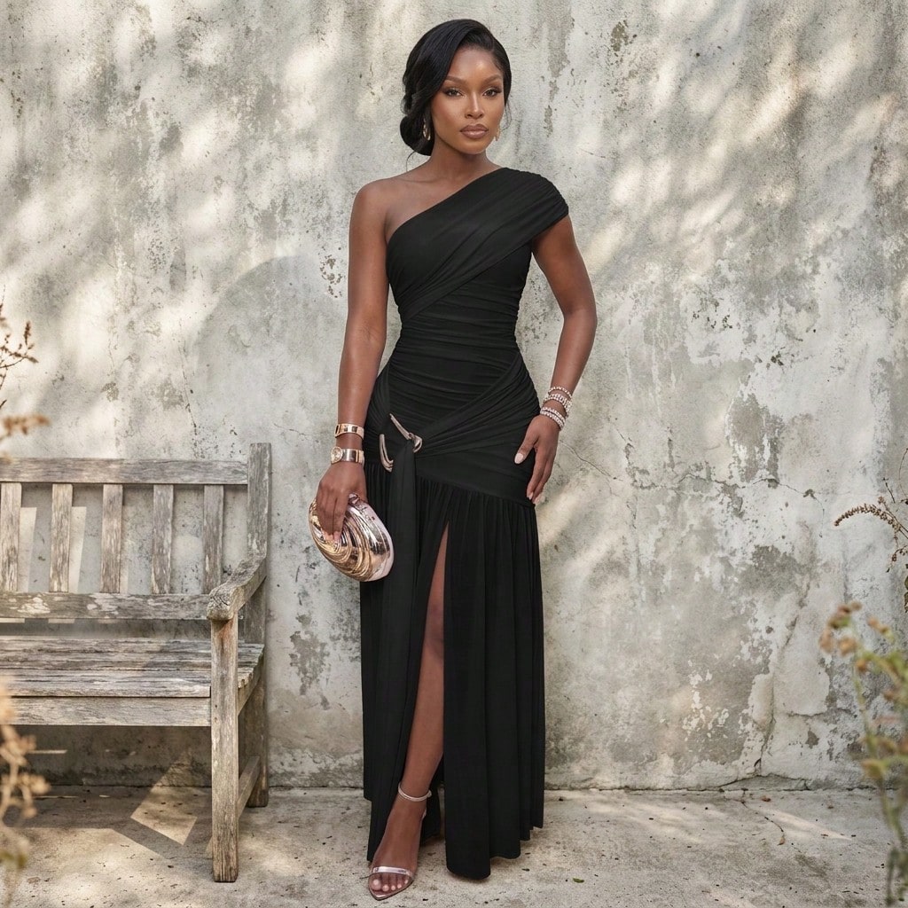 One Shoulder Maxi Dress Solid Ruched Slim Fit Sleeveless High Slit Asymmetrical Neck Glam Elegant Sexy Bodycon For Evening Party Cocktail Event