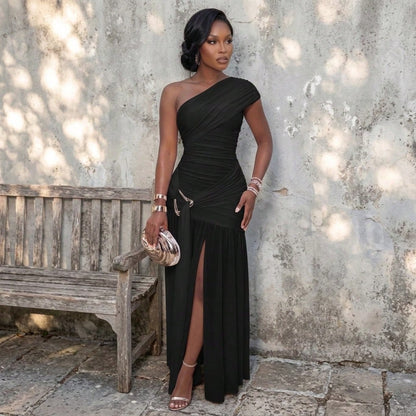 One Shoulder Maxi Dress Solid Ruched Slim Fit Sleeveless High Slit Asymmetrical Neck Glam Elegant Sexy Bodycon For Evening Party Cocktail Event