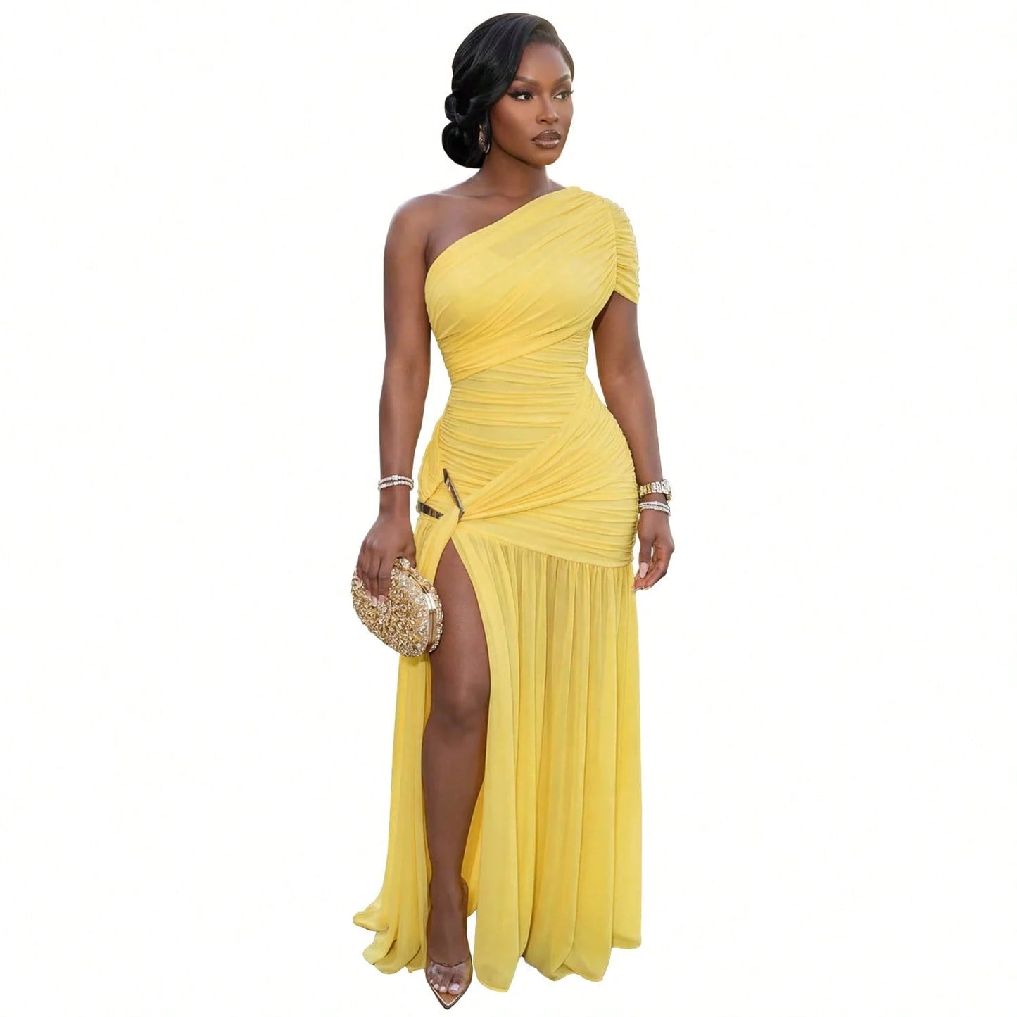 One Shoulder Maxi Dress Solid Ruched Slim Fit Sleeveless High Slit Asymmetrical Neck Glam Elegant Sexy Bodycon For Evening Party Cocktail Event