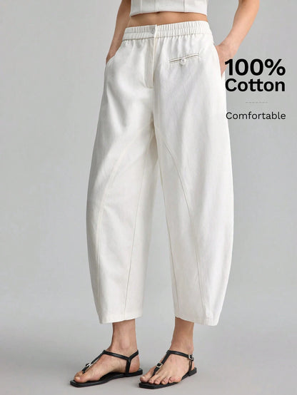 Ontre Women's Off-White Curved Waistband Cropped Pants, Autumn Casual Vacation Trousers For Beach Brunch, Music Festival, Minimalist Elegant Styling