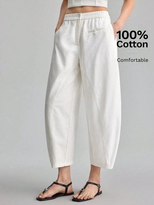 Ontre Women's Off-White Curved Waistband Cropped Pants, Autumn Casual Vacation Trousers For Beach Brunch, Music Festival, Minimalist Elegant Styling