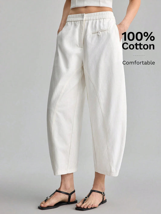 Ontre Women's Off-White Curved Waistband Cropped Pants, Autumn Casual Vacation Trousers For Beach Brunch, Music Festival, Minimalist Elegant Styling