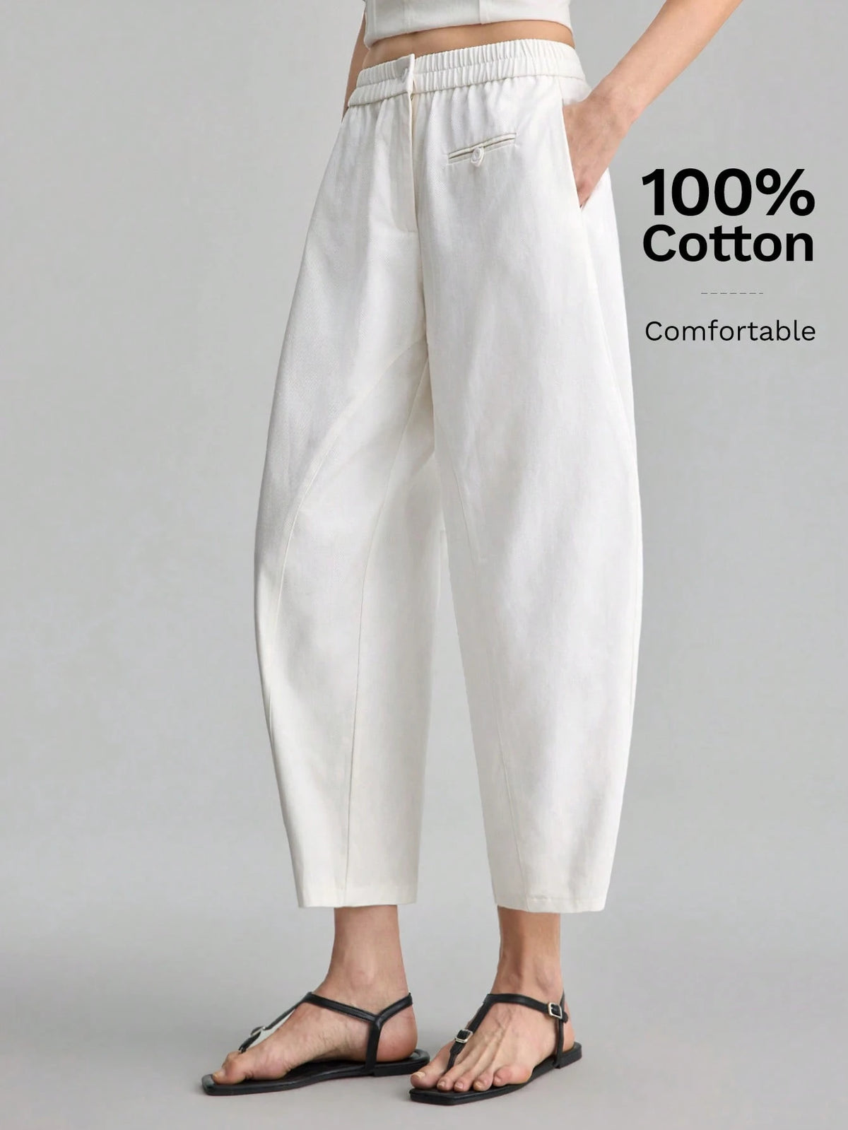 Ontre Women's Off-White Curved Waistband Cropped Pants, Autumn Casual Vacation Trousers For Beach Brunch, Music Festival, Minimalist Elegant Styling