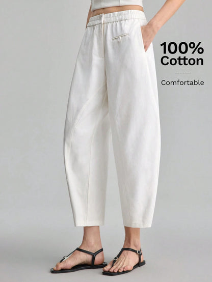 Ontre Women's Off-White Curved Waistband Cropped Pants, Autumn Casual Vacation Trousers For Beach Brunch, Music Festival, Minimalist Elegant Styling
