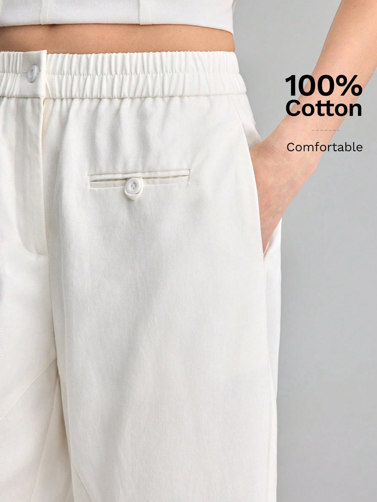 Ontre Women's Off-White Curved Waistband Cropped Pants, Autumn Casual Vacation Trousers For Beach Brunch, Music Festival, Minimalist Elegant Styling