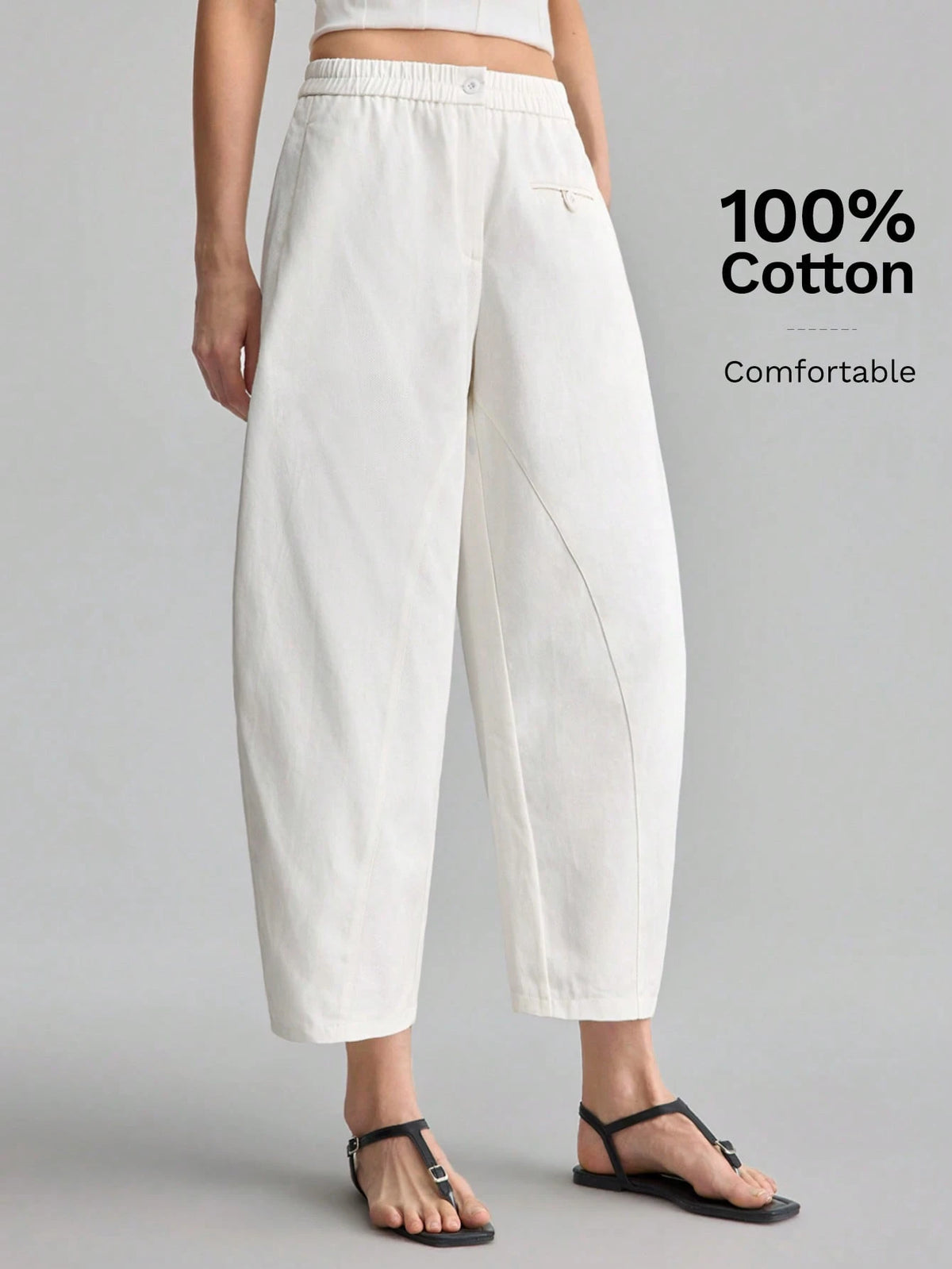 Ontre Women's Off-White Curved Waistband Cropped Pants, Autumn Casual Vacation Trousers For Beach Brunch, Music Festival, Minimalist Elegant Styling