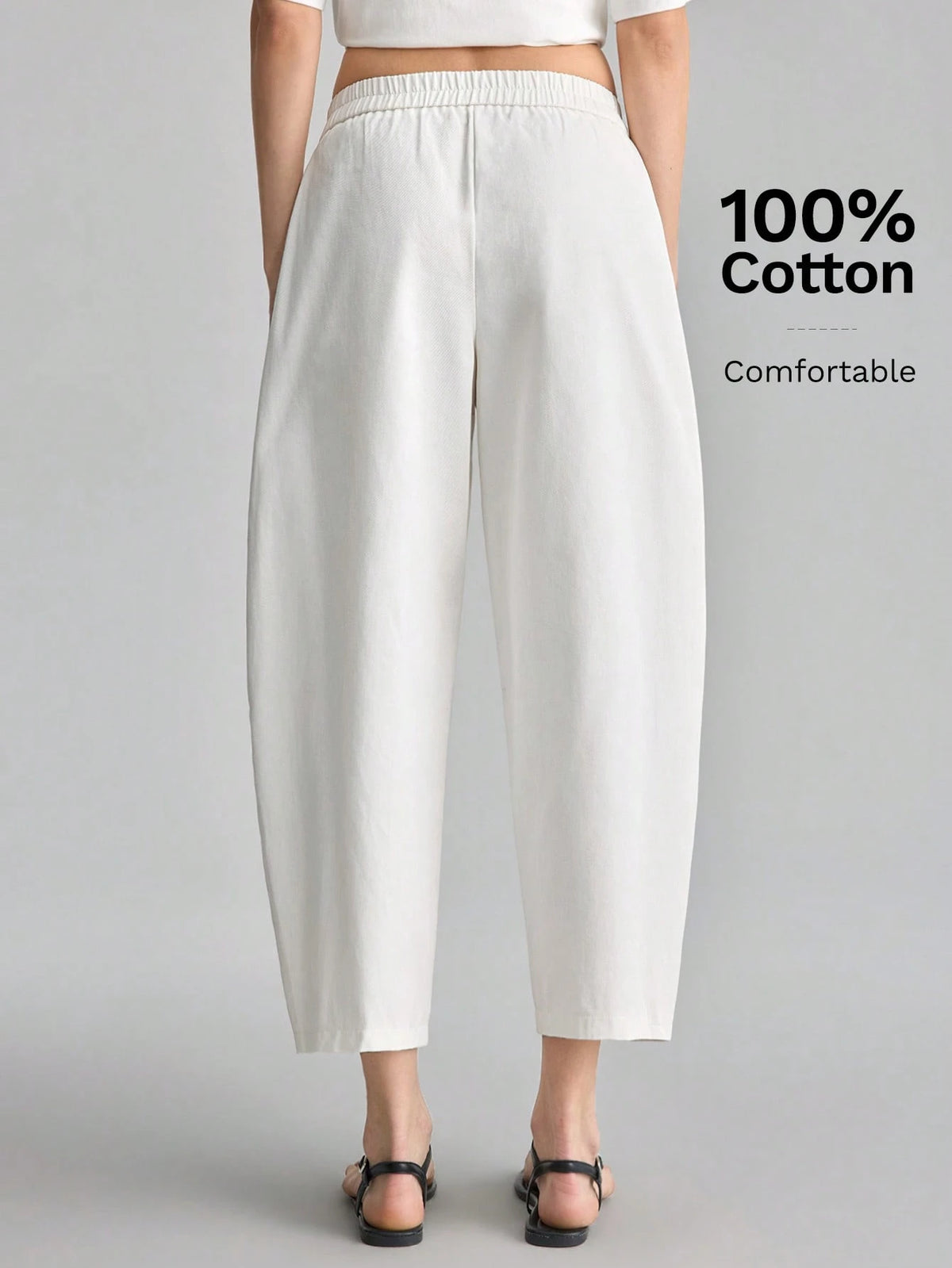 Ontre Women's Off-White Curved Waistband Cropped Pants, Autumn Casual Vacation Trousers For Beach Brunch, Music Festival, Minimalist Elegant Styling