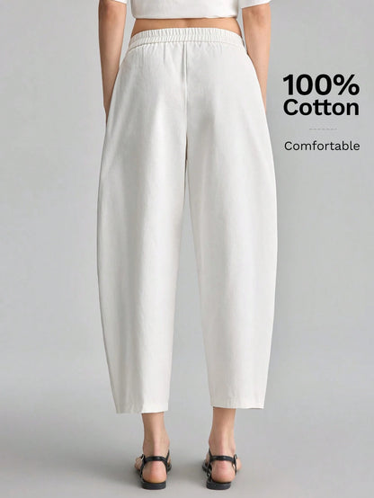 Ontre Women's Off-White Curved Waistband Cropped Pants, Autumn Casual Vacation Trousers For Beach Brunch, Music Festival, Minimalist Elegant Styling