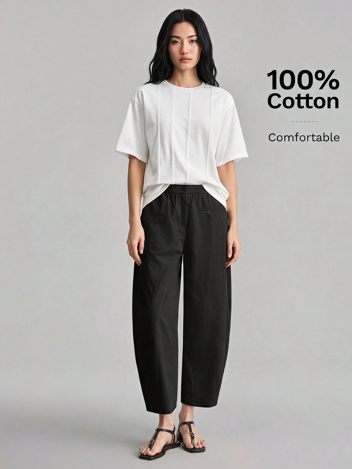 Ontre Women's Off-White Curved Waistband Cropped Pants, Autumn Casual Vacation Trousers For Beach Brunch, Music Festival, Minimalist Elegant Styling