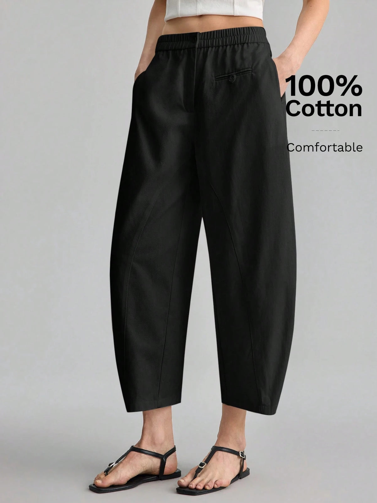 Ontre Women's Off-White Curved Waistband Cropped Pants, Autumn Casual Vacation Trousers For Beach Brunch, Music Festival, Minimalist Elegant Styling