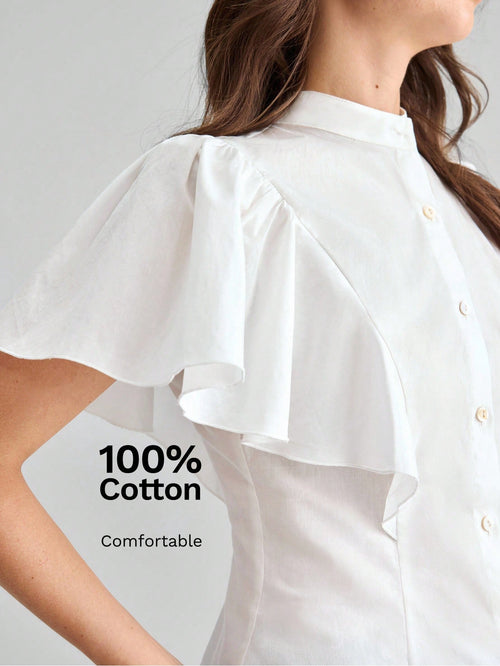 Ontre Women's White Comfortable Fabric Fitted Shirt Small Stand Collar Regular Shoulder Short Sleeve With Ruffle Cuff Patchwork Office Teachers' Day Summer