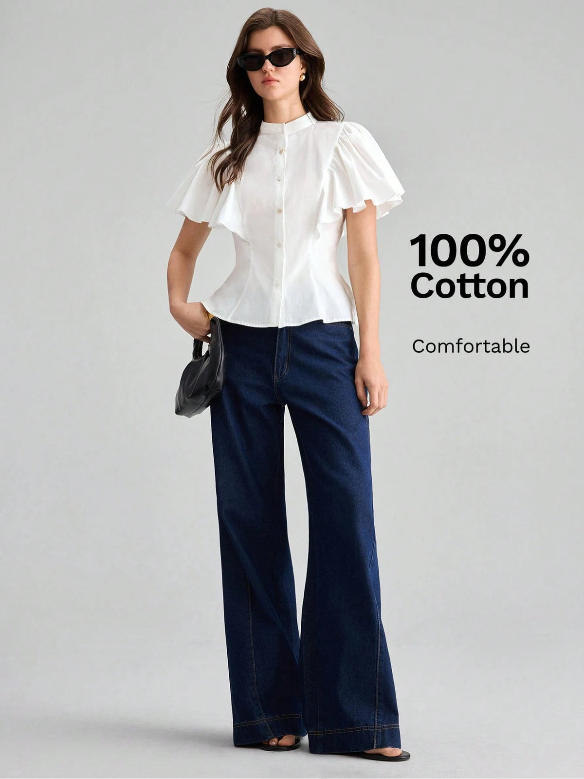 Ontre Women's White Comfortable Fabric Fitted Shirt Small Stand Collar Regular Shoulder Short Sleeve With Ruffle Cuff Patchwork Office Teachers' Day Summer