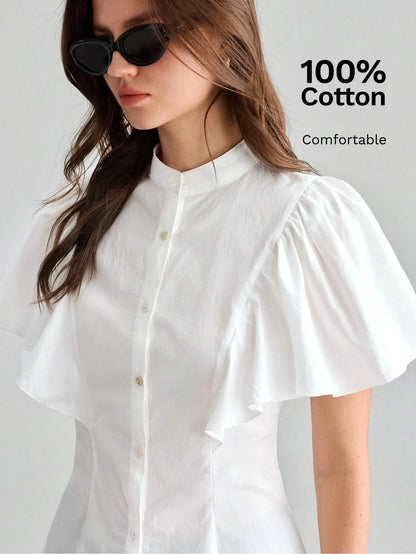 Ontre Women's White Comfortable Fabric Fitted Shirt Small Stand Collar Regular Shoulder Short Sleeve With Ruffle Cuff Patchwork Office Teachers' Day Summer
