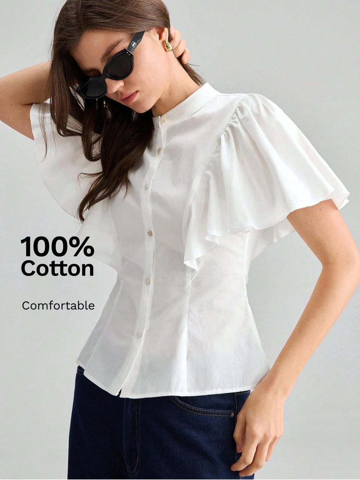 Ontre Women's White Comfortable Fabric Fitted Shirt Small Stand Collar Regular Shoulder Short Sleeve With Ruffle Cuff Patchwork Office Teachers' Day Summer