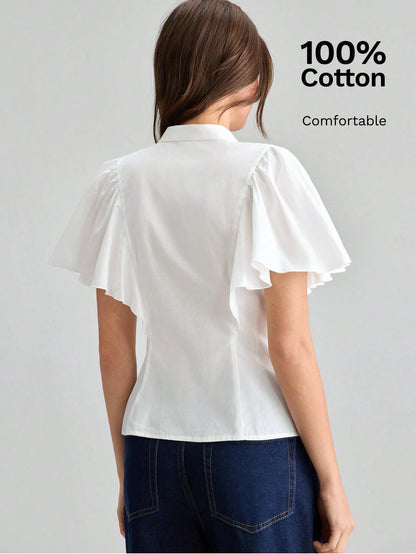 Ontre Women's White Comfortable Fabric Fitted Shirt Small Stand Collar Regular Shoulder Short Sleeve With Ruffle Cuff Patchwork Office Teachers' Day Summer
