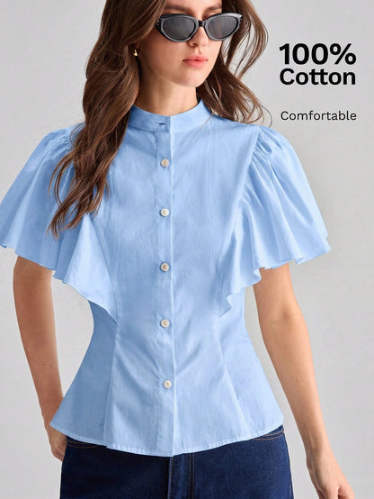 Ontre Women's White Comfortable Fabric Fitted Shirt Small Stand Collar Regular Shoulder Short Sleeve With Ruffle Cuff Patchwork Office Teachers' Day Summer