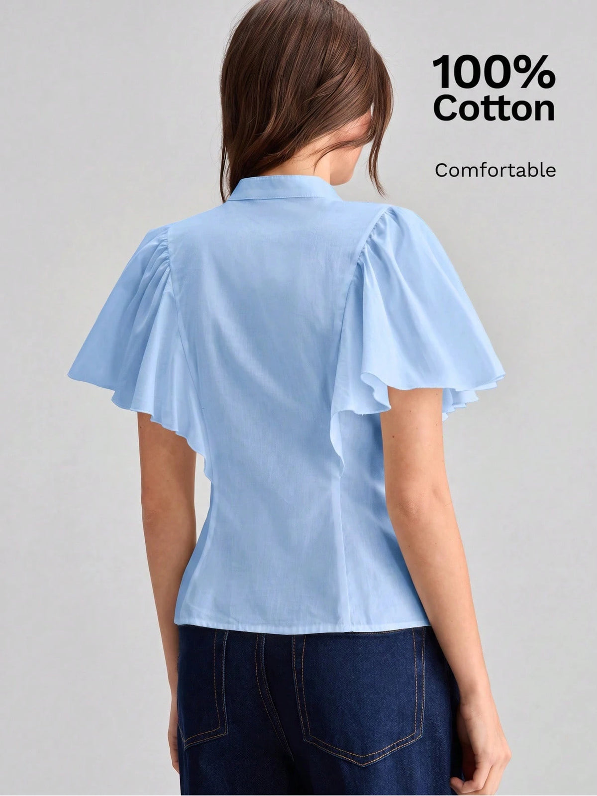 Ontre Women's White Comfortable Fabric Fitted Shirt Small Stand Collar Regular Shoulder Short Sleeve With Ruffle Cuff Patchwork Office Teachers' Day Summer