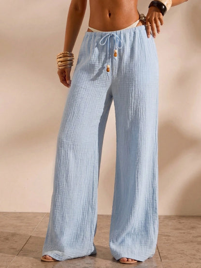 Opulessa Women's Solid Color Long Pants Beach Vacation Cover-Up Light Blue Summer Casual Tropical