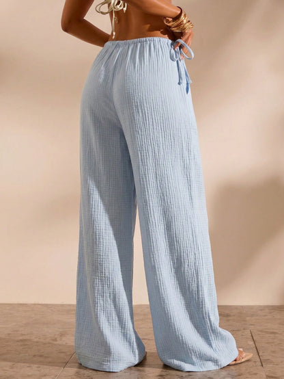 Opulessa Women's Solid Color Long Pants Beach Vacation Cover-Up Light Blue Summer Casual Tropical
