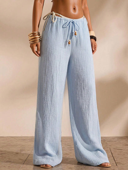 Opulessa Women's Solid Color Long Pants Beach Vacation Cover-Up Light Blue Summer Casual Tropical