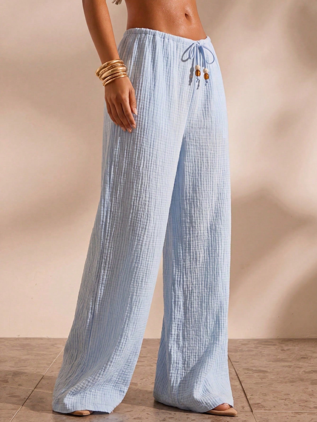 Opulessa Women's Solid Color Long Pants Beach Vacation Cover-Up Light Blue Summer Casual Tropical