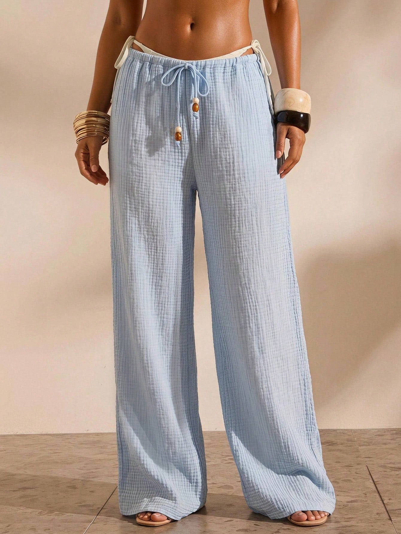 Opulessa Women's Solid Color Long Pants Beach Vacation Cover-Up Light Blue Summer Casual Tropical