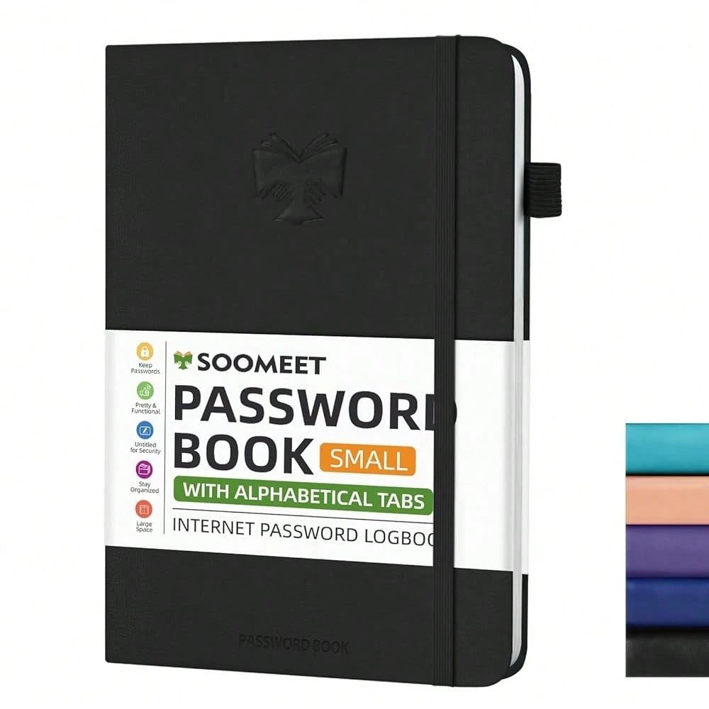 Password Book With Alphabetical Tabs, Hardcover Password Keeper, Size 4.4''x 6.1'' Password Notebook For Saving Internet Login, Username, Password Organizer For Computer Website Logins, Black
