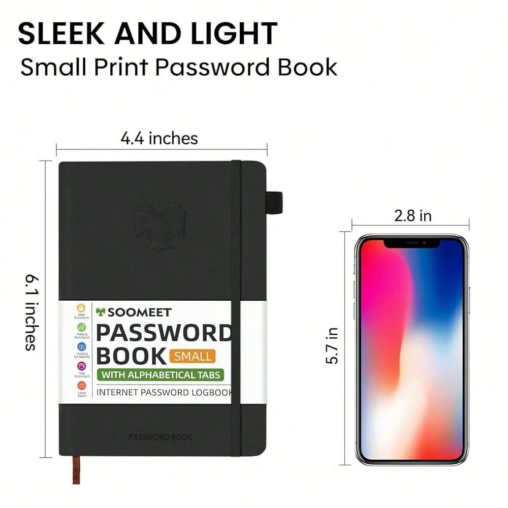 Password Book With Alphabetical Tabs, Hardcover Password Keeper, Size 4.4''x 6.1'' Password Notebook For Saving Internet Login, Username, Password Organizer For Computer Website Logins, Black