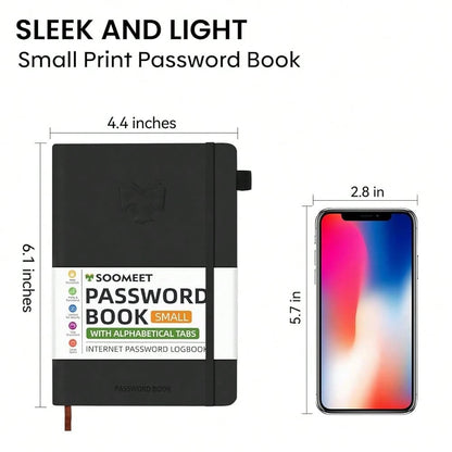 Password Book With Alphabetical Tabs, Hardcover Password Keeper, Size 4.4''x 6.1'' Password Notebook For Saving Internet Login, Username, Password Organizer For Computer Website Logins, Black
