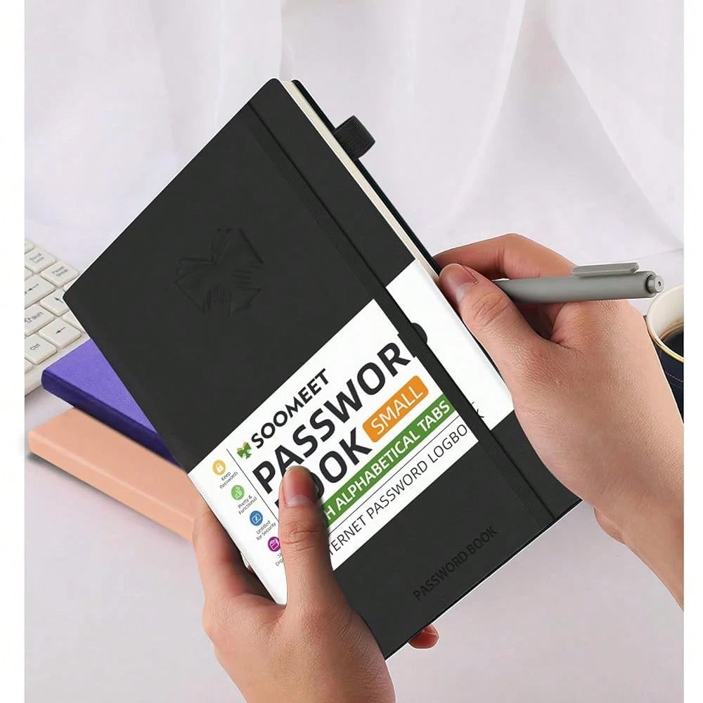 Password Book With Alphabetical Tabs, Hardcover Password Keeper, Size 4.4''x 6.1'' Password Notebook For Saving Internet Login, Username, Password Organizer For Computer Website Logins, Black