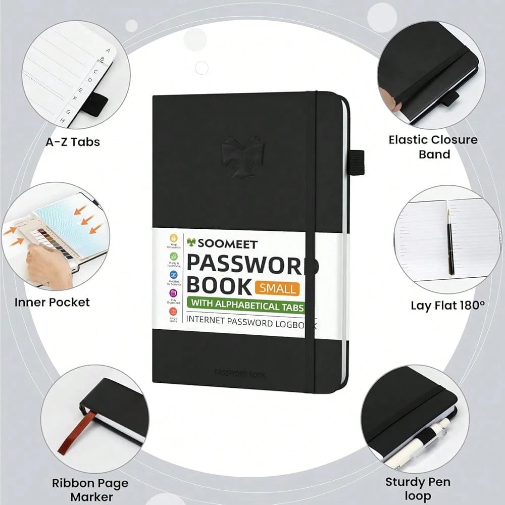 Password Book With Alphabetical Tabs, Hardcover Password Keeper, Size 4.4''x 6.1'' Password Notebook For Saving Internet Login, Username, Password Organizer For Computer Website Logins, Black