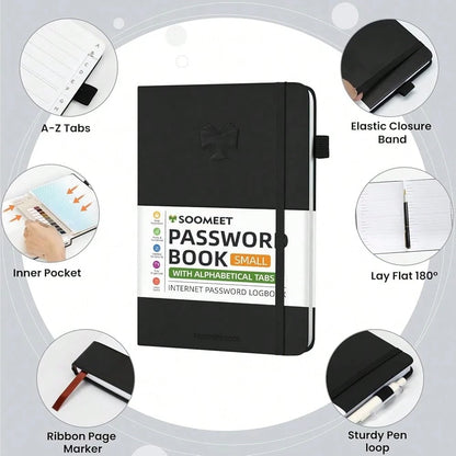 Password Book With Alphabetical Tabs, Hardcover Password Keeper, Size 4.4''x 6.1'' Password Notebook For Saving Internet Login, Username, Password Organizer For Computer Website Logins, Black