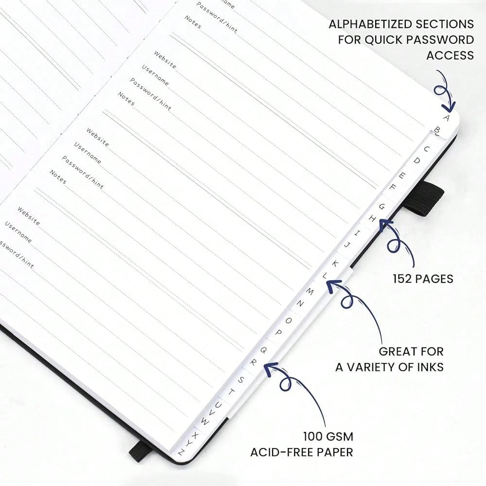 Password Book With Alphabetical Tabs, Hardcover Password Keeper, Size 4.4''x 6.1'' Password Notebook For Saving Internet Login, Username, Password Organizer For Computer Website Logins, Black